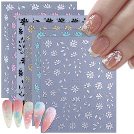 6 Sheets Floral Nail Art Stickers, Spring Leaf Nail Decals, 3D Self-Adhesive Nail Decoration Supplies for Daily Festival DIY Pink White Silver Black Gold Manicure Stickers