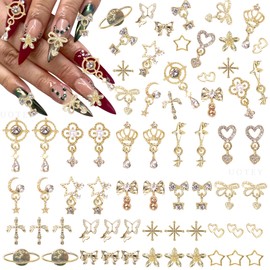 100 Pcs Gold Dangle Nail Charms, Gold Heart Bow Stars Nails Charms and Gems, Metal Golden Planet Butterfly Cross Star Charm for Acrylic Nails Art DIY Design