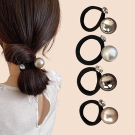 [VIISEN] Hair Elastic Scrunchie Pearl Hair Rubber Set of 4 Hair Accessories, Hair Ornament, Women's, Everyday Use, Commuting to Work, Fashionable, Adding Pearls and Rhinestones, Hair Elastic (A)