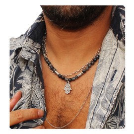 Men hamsa pendant men beaded necklace with labradorite gems and hamsa pendant surf necklace
