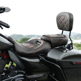 TCT-MOTORPARTS Low-Profile Driver Passenger Seat w/Passenger Sissy Bar Backrest Pad Fit For Harley Tour Pak Touring Road King 2009-2023 Orange Stitching