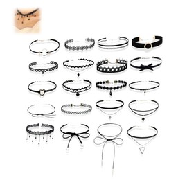 Mirhua Choker Collar Set of 20, Choker Necklace, Adjustable, Fashion, Gothic Style, Cosplay, Mode, Choker, Lace, Cute, Pendant Included, Black