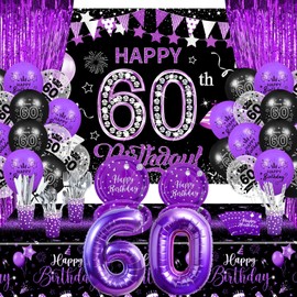 Purple 60th Birthday Decorations for Women 131 PCS Purple and Black Birthday Party Supplies Includes 60th Happy Birthday Banner Balloons Napkins Cups Tablecloth Plates Foil Backdrops