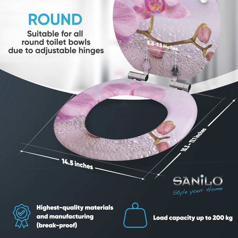 SANILO Wooden Toilet Seat with Soft Close [ROUND] - Decorative,