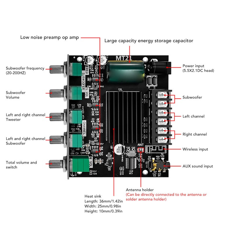 ZK MT21 Bluetooth Power Amplifier Board 2.1 Channel DC 12V‑24V