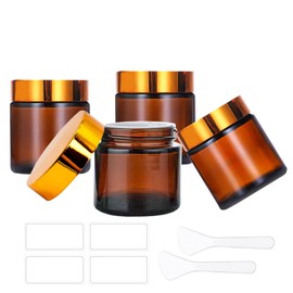 BEGIKET 4 Pack 2 oz Amber Glass Jars with Lids，60ml Empty Round Glass Jar with Inner Liners and Gold Lids,Cosmetic Containers for Storing Cream, Ointments,Lotion (Amber - Gold Lid)