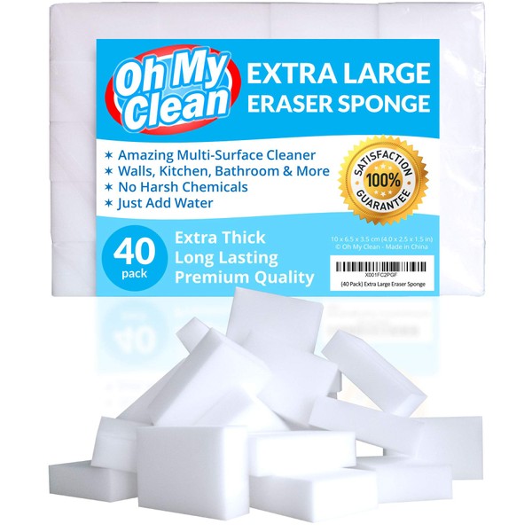 (40 Pack) Extra Large Eraser Sponge - Extra Thick, Long Lasting, Premium Melamine Sponges in Bulk - Multi Surface Power Scrubber Foam Cleaning Pads - Bathtub, Floor, Baseboard, Bathroom, Wall Cleaner