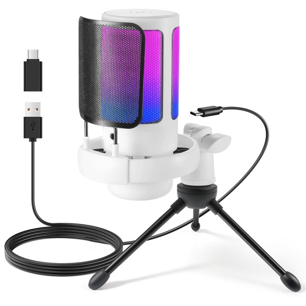 FerBuee USB PC Gaming Microphone with RGB Light. Condenser Microphone with Volume Control, Mute Button, Tripod Stand. 3.5mm Headphone Jack. Compatible with Windows, Mac OS, Smartphones, PS4/PS5