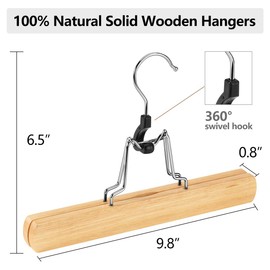 AMKUFO 20 Pack Natural Wooden Pants Hangers with Clips Non Slip Skirt Hangers Trouser Clamp Hanger Solid Wood Hanger with 360° Swivel Hook