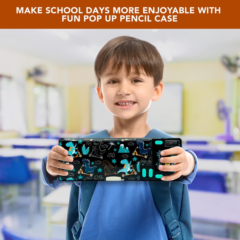 Decorably Pop Up Multifunction Dinosaur Pencil Case With Calculator for