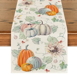 Artoid Mode Fall Pumpkins Flowers Table Runner, Seasonal Autumn Thanksgiving Kitchen Dining Table Decoration for Home Party 13x48 Inch
