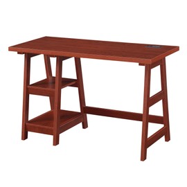Convenience Concepts Designs2Go Trestle Desk with Charging Station and Shelves, Cherry