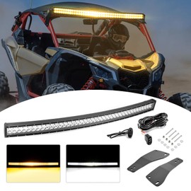 Wsays 52 Inch 300w Dual Row Curved LED Amber/White Strobe Light Bar with Wiring Harness Kit & Upper Roof Windshield Mounting Brackets Compatible with Can-am Maverick X3 MAX 2017-2025