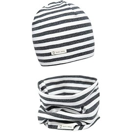 Areti Baby Knitted Hat and Loop Scarf Set, Toddlers’/Children’s Soft, Cotton Beanie Hat, Neck Warmer, Collar, Neckerchief, for Autumn, Winter, Stripes Grey