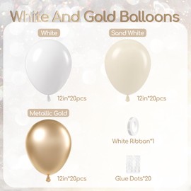60pcs Gold and White Balloons 12inch with Metallic Gold Sand White Balloons for Engagement Wedding Birthday Baby Shower Party Decorations