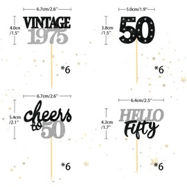 24 Pcs Glitter 50th Birthday Cupcake Toppers for Celebrating Fifty Years Old Birthday Party Decorations (Black&Silver)