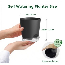 Meowell 4 inch Self Watering Pots for Indoor Plants, 5 Pack Small Flower Plant Pots with Drainage Holes and Clear Reservoirs, Visible Water Level, Plastic Planters with Wicking Rope, Black
