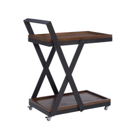 Powell Pebbie Rustic Black Metal Paulding Rolling Bar Cart with Brown Umber Wood Shelves