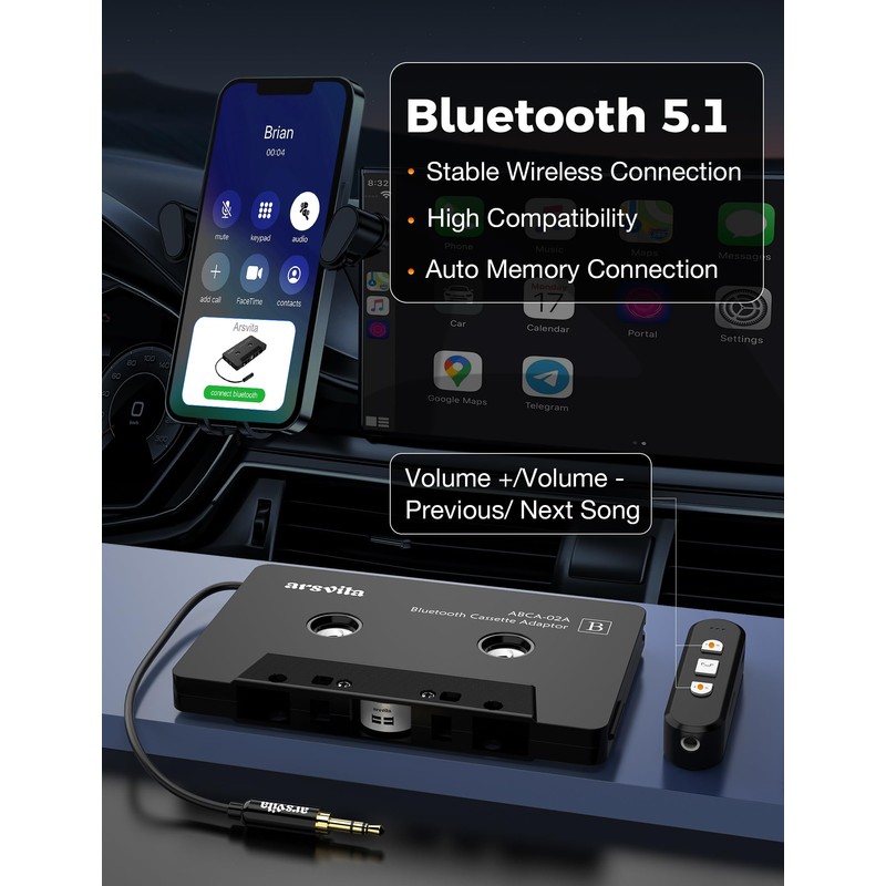 arsvita Car Audio Cassette to Aux Adapter, 5.1 Bluetooth Receiver