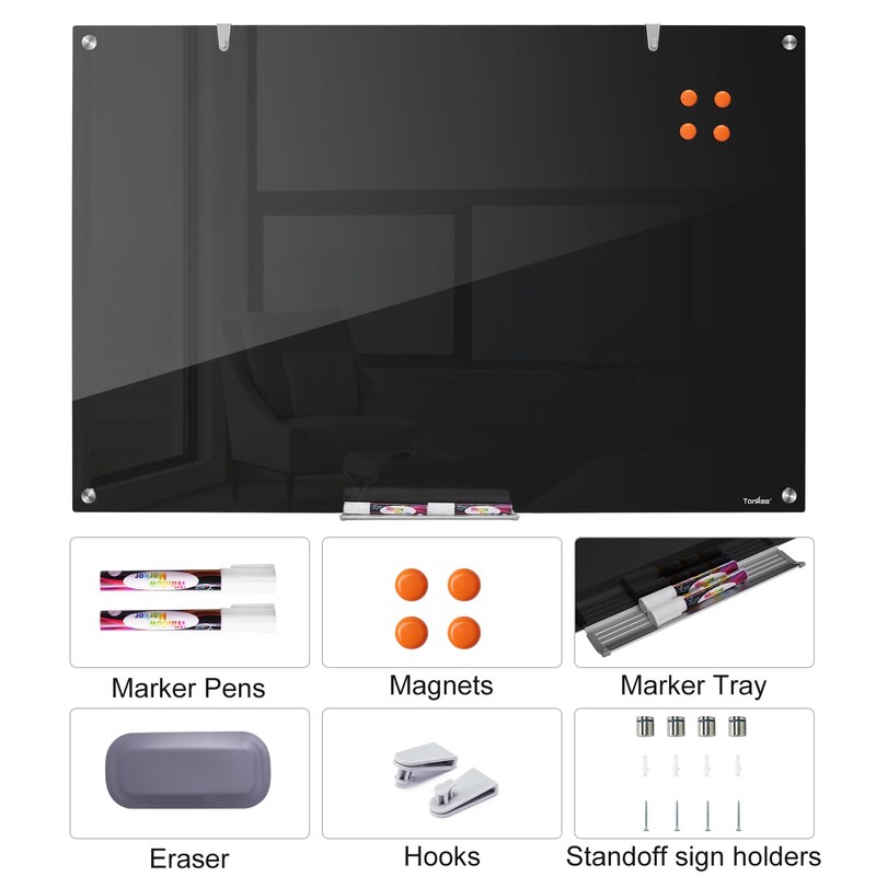 Dry Erase Board Black Magnetic Glass Whiteboard, TANKEE Modern Large