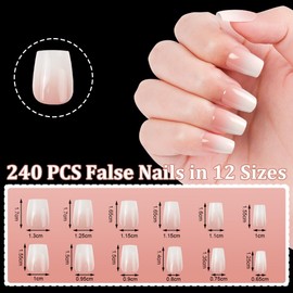 BUTBU Pack of 240 False Nails Tips Set, French False Nails for Sticking, 12 Sizes, French Press On Nail Set, Fake Nails with Glue for Women and Women (Colour Gradient Short Coffin Nail Tips)