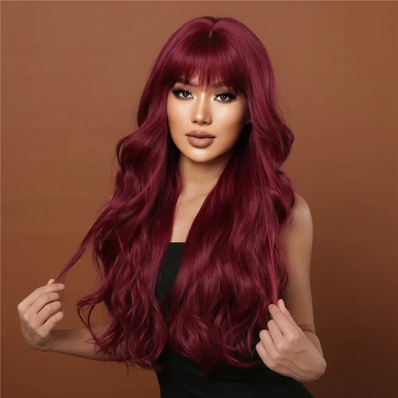 Peluca Rojo Para Mujer Larga Ondulada Flequillos Natural