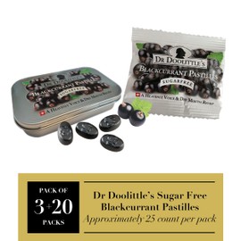 Dr. Doolittle’s Sugar Free Soft Fruit Pastilles for Voice and Throat, Blackcurrant Flavor, Multipack of 2.12 Ounce Tin, 3 Pack and .33 Ounce Travel Size Bag, 20 Pack