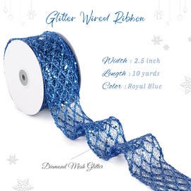 MAYREEL 2.5 Inch Dusty Blue Glitter Diamond Mesh Wired Ribbon Royal Blue for Christmas Tree Gift Wrapping Crafts Bows Wreaths Garland Holiday Decor 10 Yards