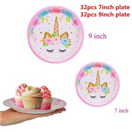 RFAPTDM 64pcs Unicorn 7inch and 9inch Paper Plate, Disposable Tableware Set for Baby Shower,Serves 32 Guests
