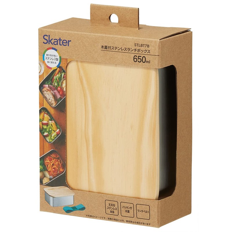 Skater Stainless Steel Lunch Box with Wooden Lid, 1-Tier, 650ml,
