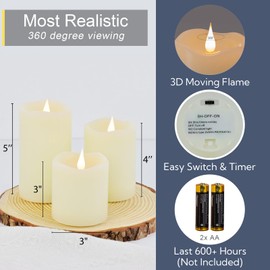 TECHLONG Flameless Candles Battery Operated with Remote Timer, 3D Moving Flame Flickering, Last 600+ Hours Battery Candles, Set of 3 Ivory Real Wax Electric LED Candle for Wedding Party Decor