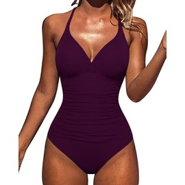 Hilor Women's Shirred Halter One Piece Swimsuits Macrame Back Swimwear Tummy Control Bathing Suit