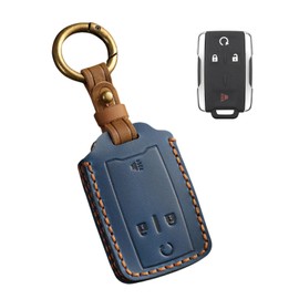 Hontumax Genuine Leather 4-Button Smart Key Fob Cover Case for Chevy Tahoe Suburban Colorado Silverado 1500 2500HD 3500HD GMC Sierra Yukon Terrain Canyon (Blue)