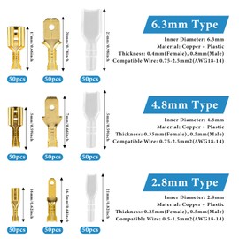 JJUNW Pack of 450 Blade Receptacles, Cable Lugs Flat Connectors, 2.8 mm, 4.8 mm, 6.3 mm, Male & Female Cable Connector with Insulating Sleeve, Electrical Crimp Connectors, Crimping Connectors for Car,