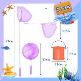 Abitoncc 6 Pack Fishing Nets for Kids and Foldable Bucket Set Colorful Telescopic Butterfly Net Extendable Fishing Nets for Beach (Form 37 to 85cm) Catching Insects Children Fishing Net for Ponds Pool