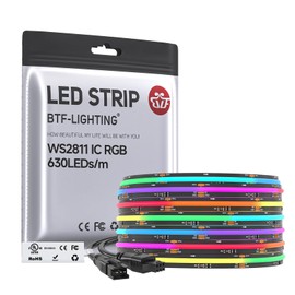 BTF-LIGHTING COB WS2811 IC RGB LED Strip UL Listed FCOB 5M 630LED/m 14IC/m 12V Chasing Color Effects Flexible High Density LED Tape Light 10mm Width IP30 for Indoor Decor(No Adapter or Controller)