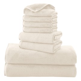Cosy Family Microfiber 8-Piece Towel Set, 2 Bath Towels, 2 Hand Towels, and 4 Wash Cloths, Ultra Soft Highly Absorbent Towels for Bathroom, Gym, Hotel, Beach and Spa (Cream)