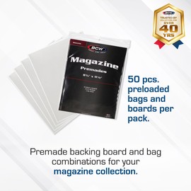 BCW Magazine Premade Non-Resealable Bags and Boards | Standard Size 8 ¾" x 11⅛" | Pre-Loaded Boards in Magazine Sleeve Protectors | Ideal for Packaging and Protecting Magazines (50, Non-Resealable)