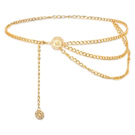 Multilayer Metal Waist Chain Belt for Women, Fashion Multilayer Adjustable Women Gold Long Belt Body Belly Jewelry for Dresses Jeans Trousers