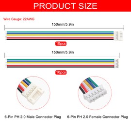 Lyeteung 10 Pairs JST 2.0 PH 6 Pin Connectors, Mini Micro JST PH 2.0mm 6-Pin Female and Male with 150mm 22AWG Cable Wire