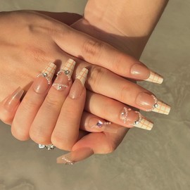 BABALAL Coffin Press-on Long Fake Nails Glue-on Acrylic Rhinestone Ballerina Stick-on Nails for Women and Girls, 24Pcs Plaid