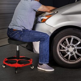 M-AUTO Pneumatic Mobile Rolling Garage Stool with Equipment Tray and All-Terrain Casters 300LBS Capacity Creeper, 16.5" to 22" Adjustable Height Mechanics Roller Seat, Red