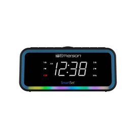Emerson CKS1401 Smartset AM/FM Dual Alarm Clock Radio with 0.9” White LED Display with 4-Level Dimmer Control, USB-C Charging, and 2-Level Multi-Color LED Decor
