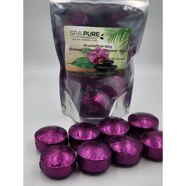 Spa Pure TRANQUILITY Aromatherapy Shower Bombs made in USA with 100% Natural/Organic Essential Oils - Transform Your Shower - Transform Your Mood (8 Count) Pack of 1