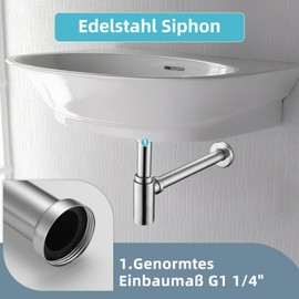 ZYNUHMO Siphon Washbasin, Drain Pipe with Cleaning Opening – Universal Drain Pipe 1 1/4 Inch – Odour Trap, Stainless Steel, Brushed