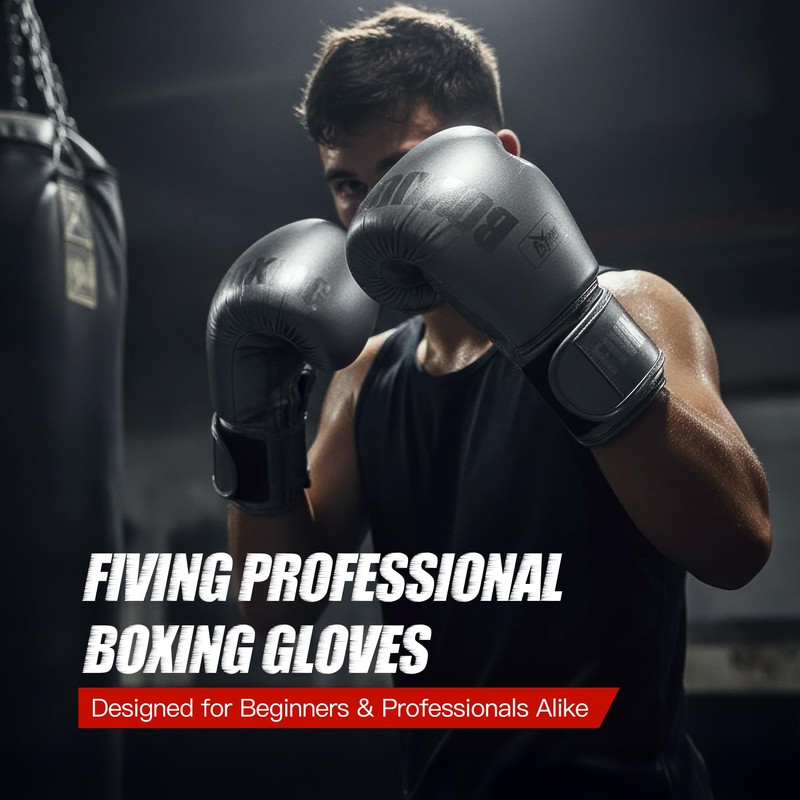 FIVING Boxing Gloves with Hand Wraps (Black, 16oz)