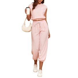 Famulily 2 Piece Set Women Outfit Tracksuit High Neck Crop Tops Capri Jogger Sweatpants Sweater Set Peach XL