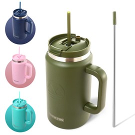 FAHRMOSIS 50 Oz Tumbler with Handle and Straw | Stainless Steel Vacuum Insulated Tumbler for Hot & Cold Drinks | Double Insulated Tumbler Reusable Water Bottle with Straw - Army Green