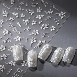 White Hibiscus Flower Nail Stickers 5D Embossed Self-Adhesive Floral Pearl Design Decals Spring Summer French Flower Nail Art Charms for Women DIY Decorations Exquisite Cardboard 1Sheets Set