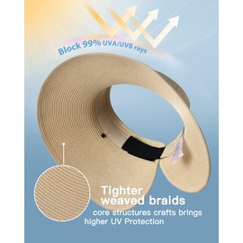 FURTALK Sun Visor Hat for Women Wide Brim Straw Roll-Up Ponytail Summer Beach UV UPF Packable Foldable Travel